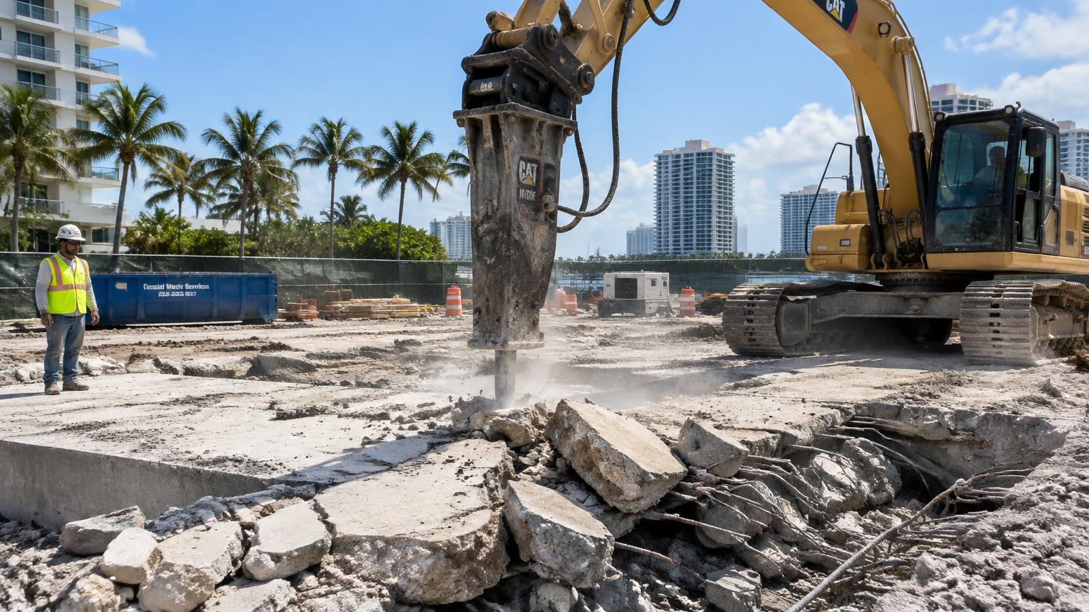 Excavator with hydraulic breaker removing a reinforced concrete slab on a South Florida job site