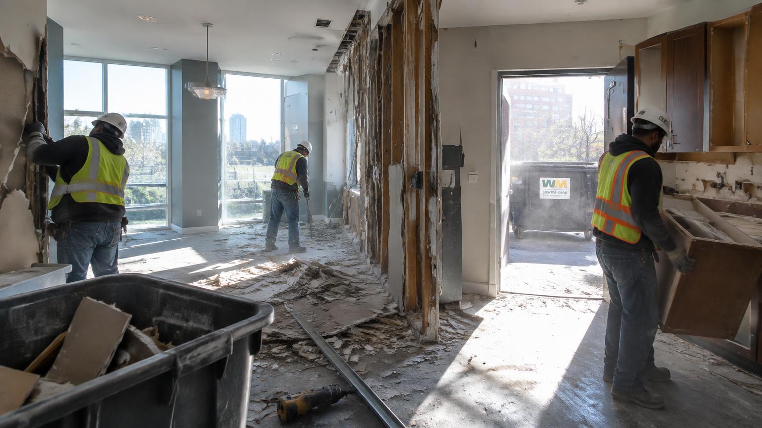 Crews in hard hats and safety vests performing selective interior demolition inside a South Florida building under renovation